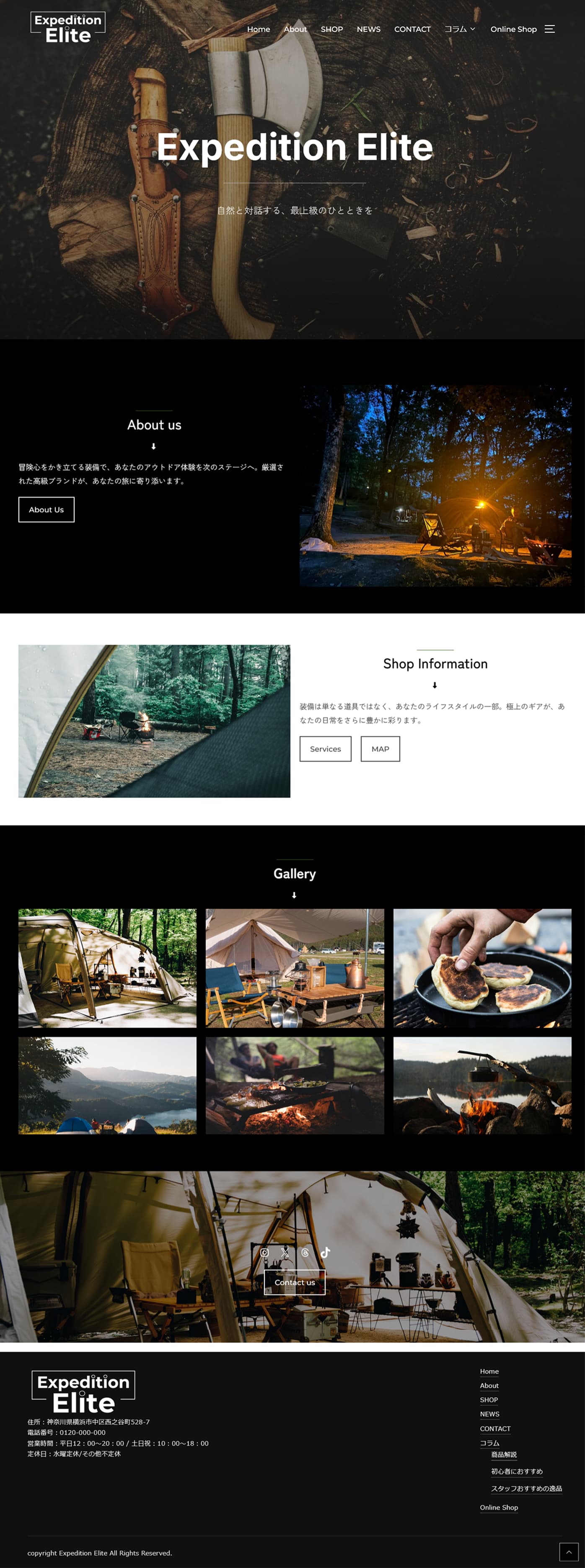 キャンプギア販売サイトのスクリーンショット